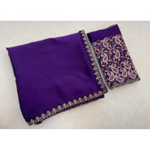 { "alt_text": "Purple chiffon embroidered saree with unstitched blouse, 5.5 meter ethnic wear, Indian fashion" }