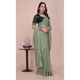 { "alt_text": "Pista Green georgette saree with embellishment, unstitched blouse, 5.5 meter ethnic wear for women" }