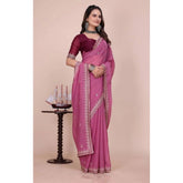 { "alt_text": "Pink georgette saree with embellishment, unstitched blouse, 5.5 meter ethnic wear for women" }