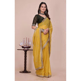 { "alt_text": "Yellow georgette saree with embellishment, unstitched blouse, 5.5 meter ethnic wear for women" }
