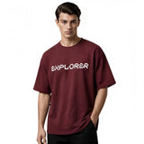 { "alt_text": "Maroon cotton blend men's oversized t-shirt, printed casual wear, round neck half sleeve, 220 GSM" }