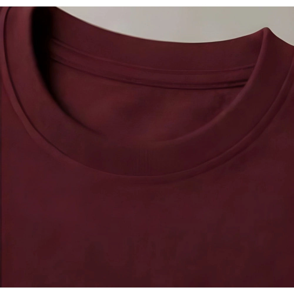 { "alt_text": "Maroon cotton blend men's oversized t-shirt, printed casual wear, round neck half sleeve, 220 GSM" }