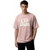 { "alt_text": "Pink cotton blend men's oversized t-shirt, printed casual wear, round neck half sleeve, 220 GSM" }