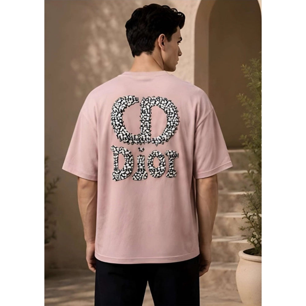 { "alt_text": "Pink cotton blend men's oversized t-shirt, printed casual wear, round neck half sleeve, 220 GSM" }