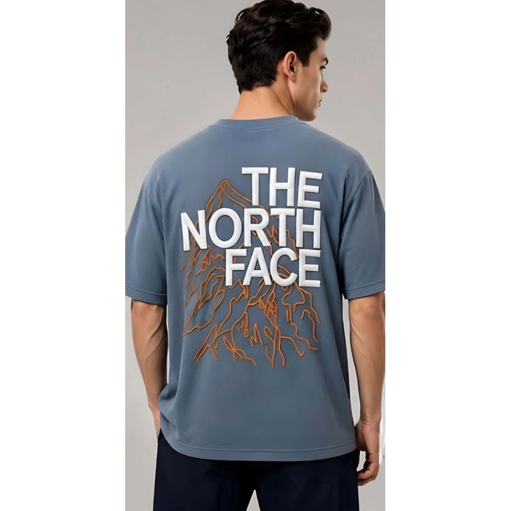 { "alt_text": "Blue cotton blend men's oversized t-shirt, printed casual wear, round neck half sleeve, 220 GSM" }
