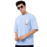{ "alt_text": "Lavender cotton blend men's oversized t-shirt, printed casual wear, round neck half sleeve" }