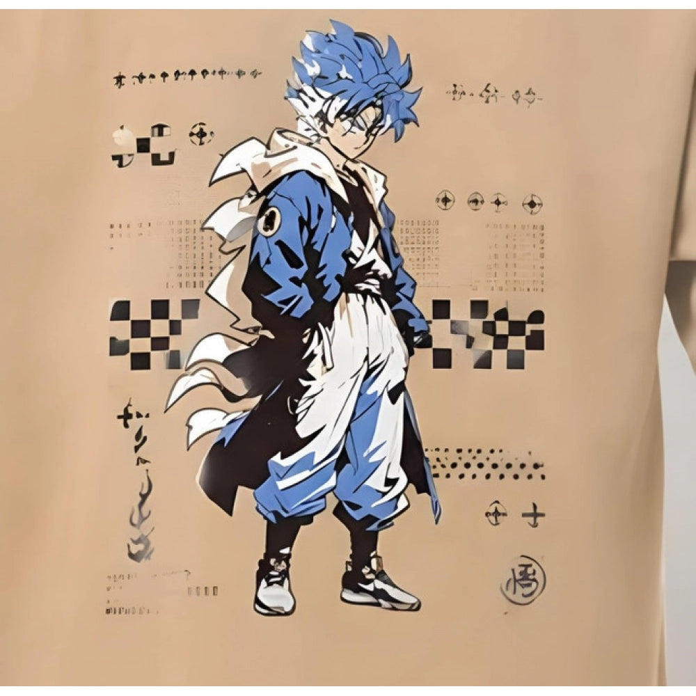 { "alt_text": "Beige cotton blend men's oversized t-shirt, printed casual wear, round neck half sleeve, 240 GSM" }