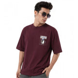 { "alt_text": "Wine cotton blend men's oversized t-shirt, printed casual wear, round neck half sleeve, 240 GSM" }