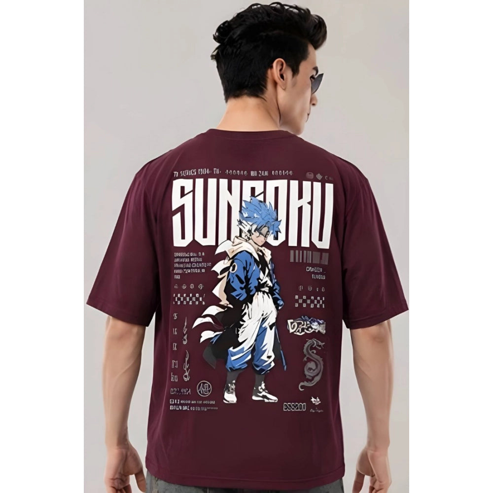 { "alt_text": "Wine cotton blend men's oversized t-shirt, printed casual wear, round neck half sleeve, 240 GSM" }