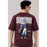 { "alt_text": "Wine cotton blend men's oversized t-shirt, printed casual wear, round neck half sleeve, 240 GSM" }