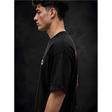 { "alt_text": "Black cotton blend men's oversized t-shirt, printed casual wear, round neck half sleeve, 220 GSM" }