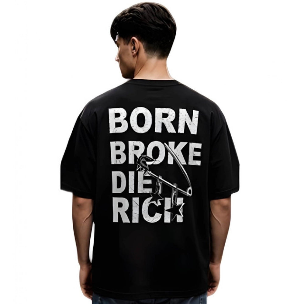 { "alt_text": "Black cotton blend men's oversized t-shirt, printed casual wear, round neck half sleeve, 220 GSM" }