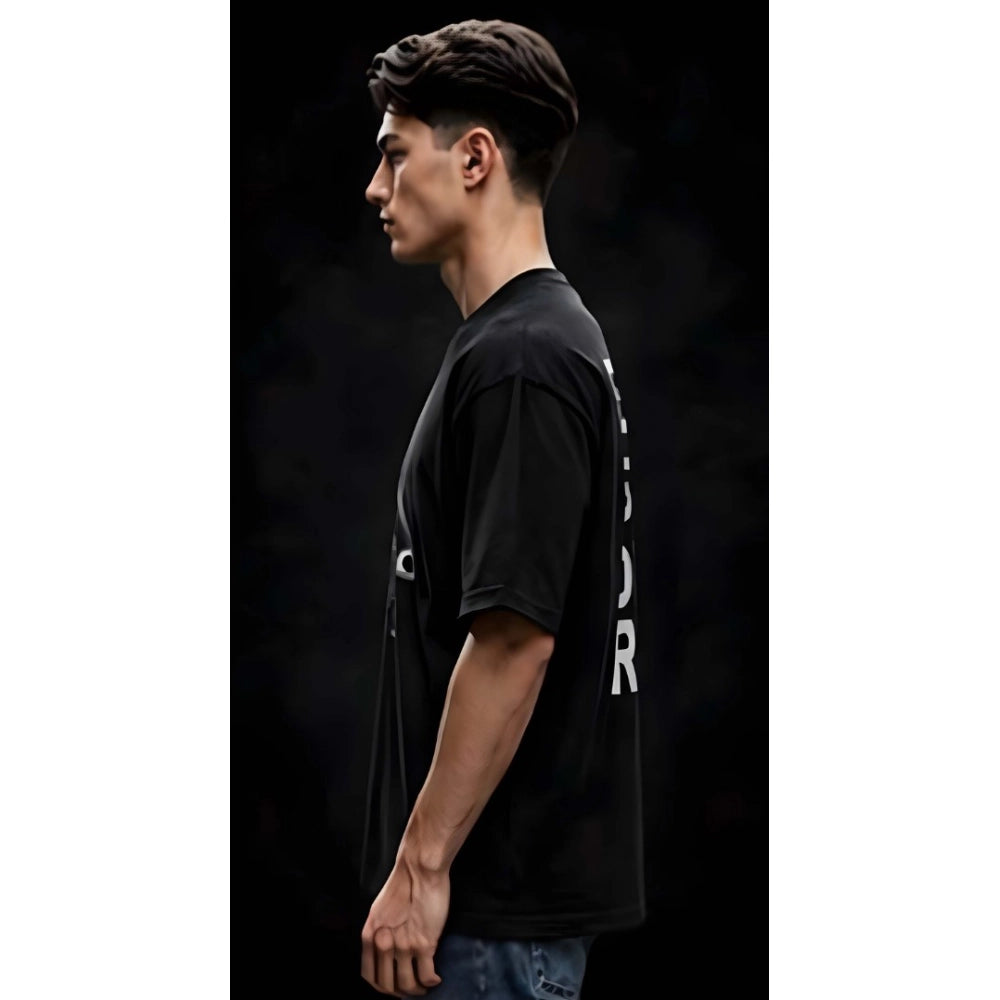 { "alt_text": "Black cotton blend men's oversized t-shirt, printed casual wear, round neck half sleeve, 220 GSM" }