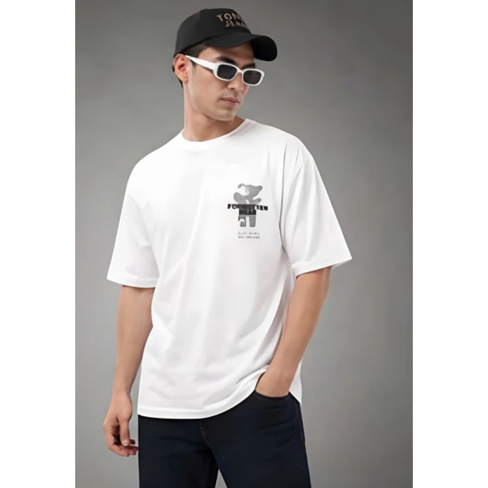 { "alt_text": "White cotton blend men's oversized t-shirt, printed casual wear, round neck half sleeve, 180 GSM" }