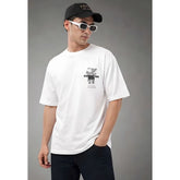 { "alt_text": "White cotton blend men's oversized t-shirt, printed casual wear, round neck half sleeve, 180 GSM" }