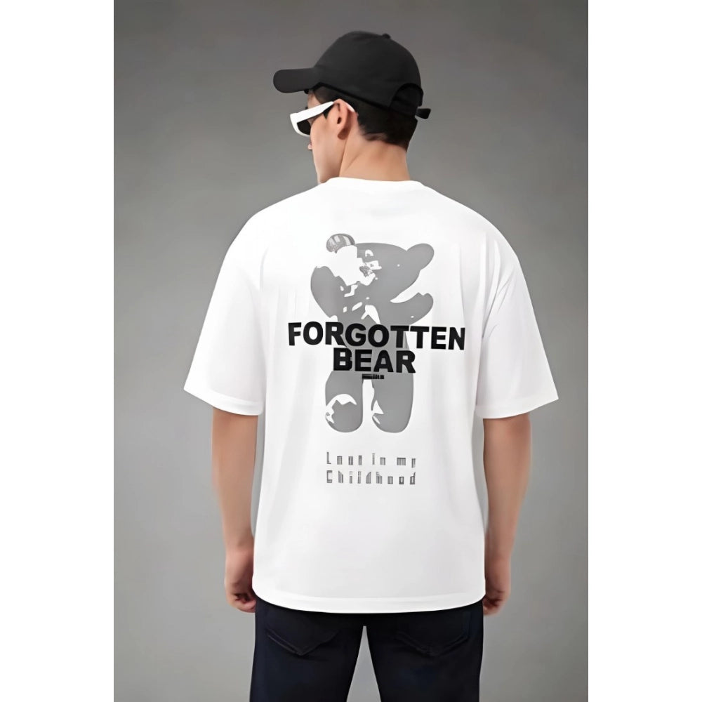 { "alt_text": "White cotton blend men's oversized t-shirt, printed casual wear, round neck half sleeve, 180 GSM" }