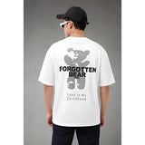 { "alt_text": "White cotton blend men's oversized t-shirt, printed casual wear, round neck half sleeve, 180 GSM" }