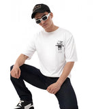 { "alt_text": "White cotton blend men's oversized t-shirt, printed casual wear, round neck half sleeve, 180 GSM" }
