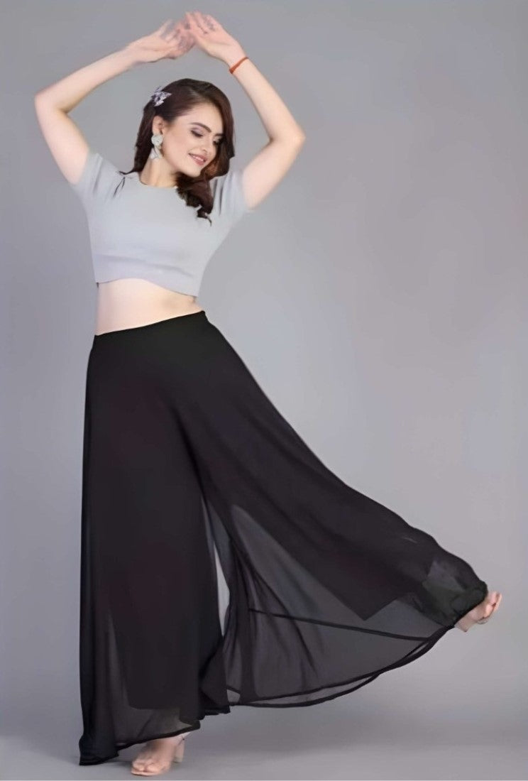 { "alt_text": "Black georgette women's palazzo pants, solid high-rise wide leg flared pants, ankle length ethnic wear" }