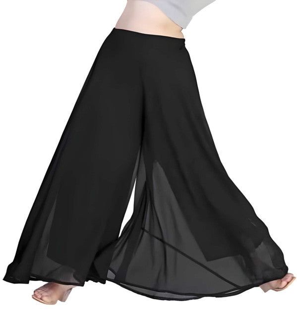 { "alt_text": "Black georgette women's palazzo pants, solid high-rise wide leg flared pants, ankle length ethnic wear" }