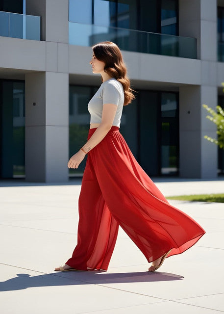 { "alt_text": "Red georgette women's palazzo pants, solid high-rise wide leg flared palazzo, ankle length elastic waist" }