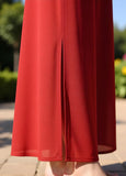 { "alt_text": "Red georgette women's palazzo pants, solid high-rise wide leg flared palazzo, ankle length elastic waist" }