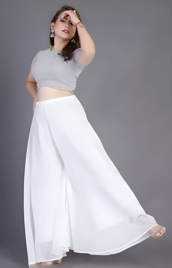 { "alt_text": "White georgette women's palazzo pants, solid high-rise wide leg flared palazzo, elastic waist ankle length" }
