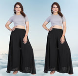 { "alt_text": "Black georgette women's palazzo pants, pack of 2 high-rise wide leg flared palazzos, solid ankle length" }