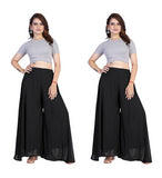 { "alt_text": "Black georgette women's palazzo pants, pack of 2 high-rise wide leg flared palazzos, solid ankle length" }