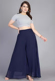 { "alt_text": "Navy blue georgette women's palazzo pants, pack of 2 high-rise wide leg flared pants, solid ankle length" }