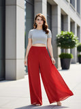 { "alt_text": "Red georgette women's palazzo pants, pack of 2 solid high-rise wide leg flared palazzos, ankle length" }
