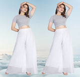 { "alt_text": "White georgette women's palazzo pants, pack of 2 high-rise wide leg flared pants, solid ankle length" }