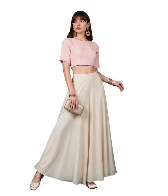 { "alt_text": "Cream georgette women's palazzo pants, solid mid-rise wide leg flared pants, comfortable elastic waist clothing" }