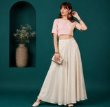 { "alt_text": "Cream georgette women's palazzo pants, solid mid-rise wide leg flared pants, comfortable elastic waist clothing" }
