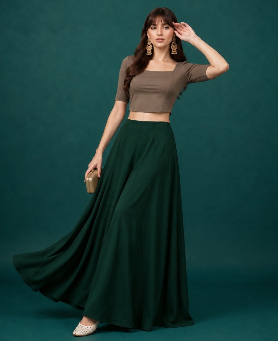 { "alt_text": "Bottle green georgette women's palazzo pants, solid mid-rise wide leg flared pants, ankle length ethnic wear" }