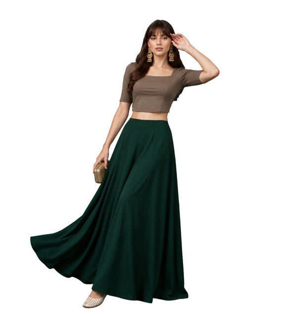 { "alt_text": "Bottle green georgette women's palazzo pants, solid wide leg flared pants, mid-rise ankle length clothing" }