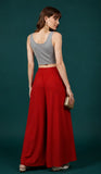 { "alt_text": "Red georgette women's palazzo pants, solid mid-rise wide leg flared pants, ankle length ethnic wear" }