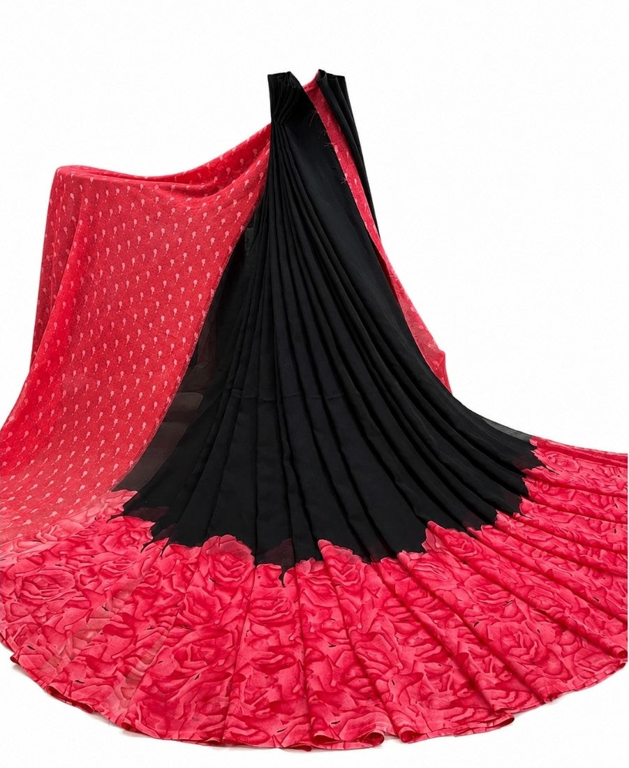 { "alt_text": "Black-Dark Pink georgette printed saree with unstitched blouse, 5.5Mtr ethnic wear, Indian fashion" }