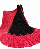 { "alt_text": "Black-Dark Pink georgette printed saree with unstitched blouse, 5.5Mtr ethnic wear, Indian fashion" }