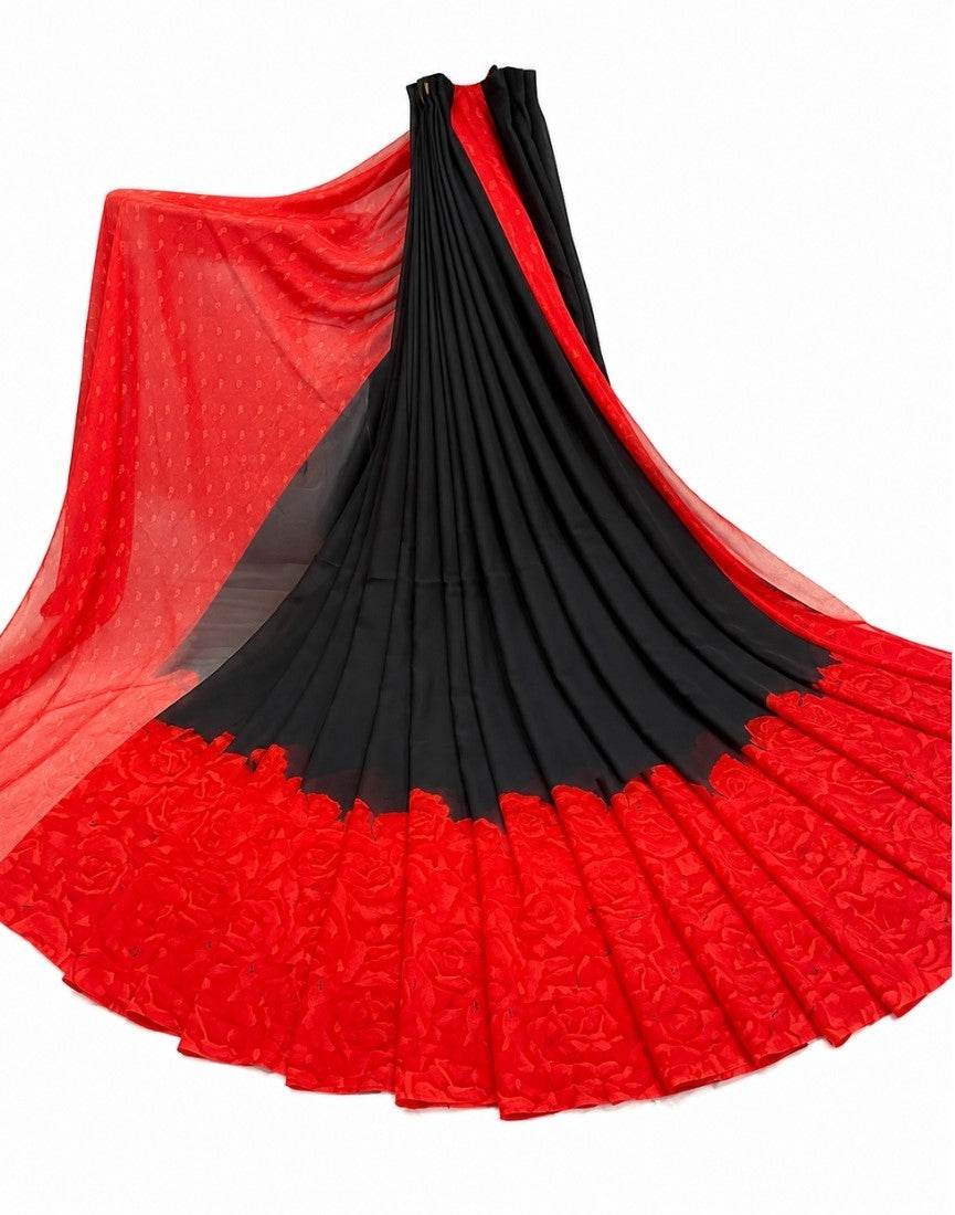 { "alt_text": "Black-red georgette printed saree with unstitched blouse, 5.5m, ethnic wear, Indian fashion" }