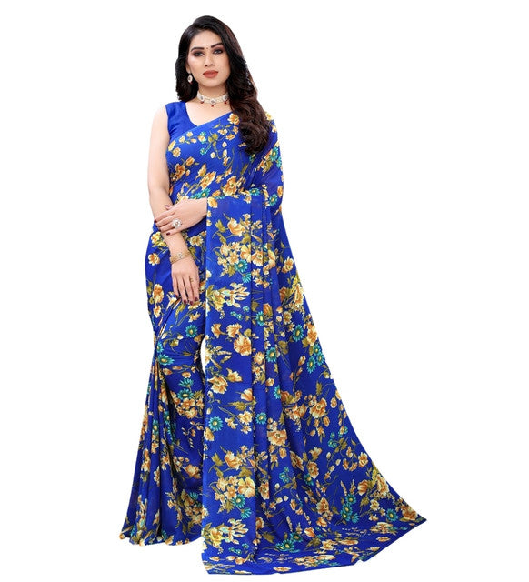 { "alt_text": "Royal Blue georgette saree with floral print, 5.5Mtr women's ethnic wear, unstitched blouse" }
