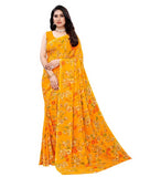 { "alt_text": "Yellow georgette saree floral printed women's ethnic wear, 5.5mtr unstitched blouse, Indian fashion" }