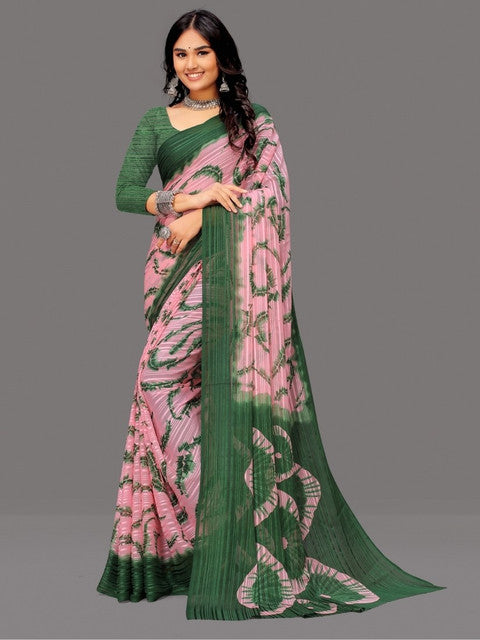 { "alt_text": "Pink-green georgette saree with stripes, printed ethnic wear, 5.5Mtr unstitched blouse for women" }