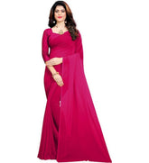 { "alt_text": "Pink georgette solid saree with unstitched blouse, 5.5 meter ethnic wear, Indian fashion" }