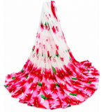 { "alt_text": "White-pink georgette saree floral printed women's ethnic wear, 5.5mtr unstitched blouse, Indian fashion" }
