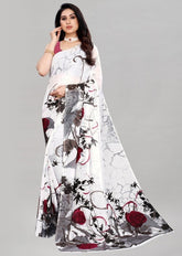 { "alt_text": "White georgette printed saree with unstitched blouse, 5.5m, ethnic wear, Indian fashion" }