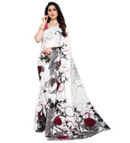 { "alt_text": "White georgette printed saree with unstitched blouse, 5.5m, ethnic wear, Indian fashion" }