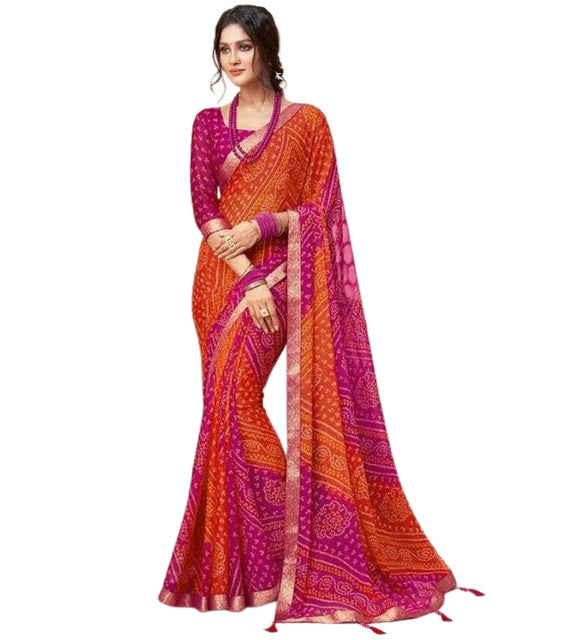 { "alt_text": "Orange-magenta georgette bandhani printed saree, 5.5m, ethnic wear, Indian wedding attire" }
