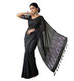 { "alt_text": "Black georgette striped saree with unstitched blouse, 5.5m georgette ethnic wear for women" }