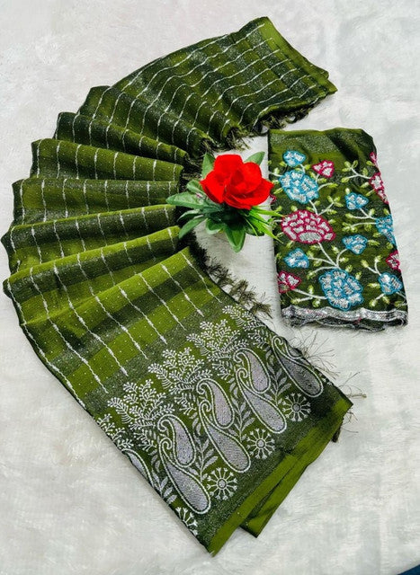 { "alt_text": "Olive green georgette striped saree with unstitched blouse, 5.5 meter ethnic wear, Indian fashion" }